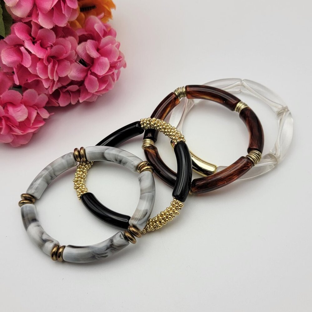 Set Of 4 Acrylic Tube Stretch Bracelets Funky Chunky Stackable Bangle Lot 6-6.5"